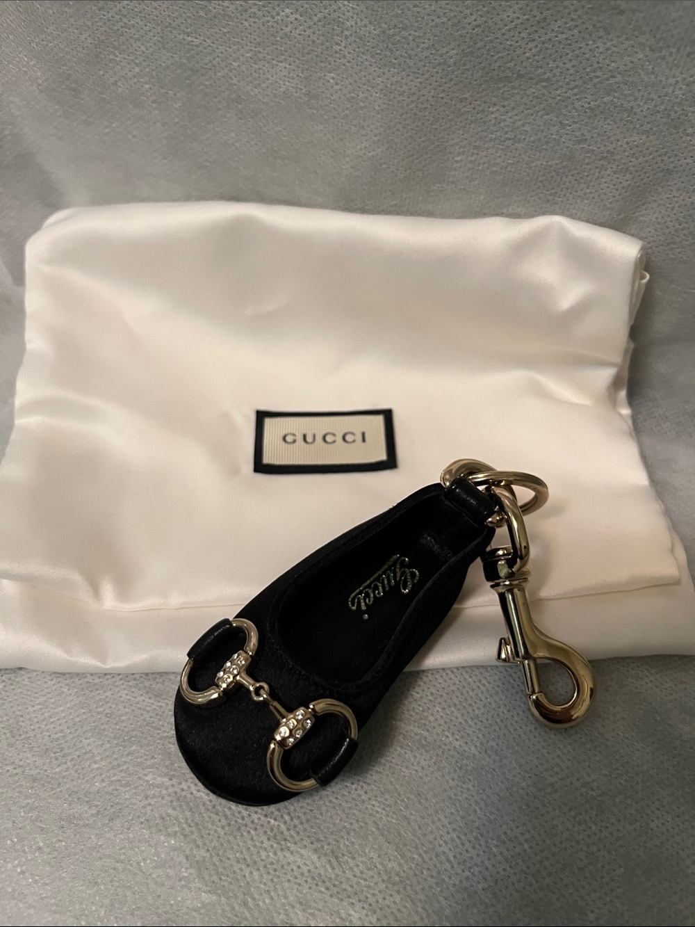 NEW Gucci Black Leather Ballerina Flat Horsebit Key/Bag Charm